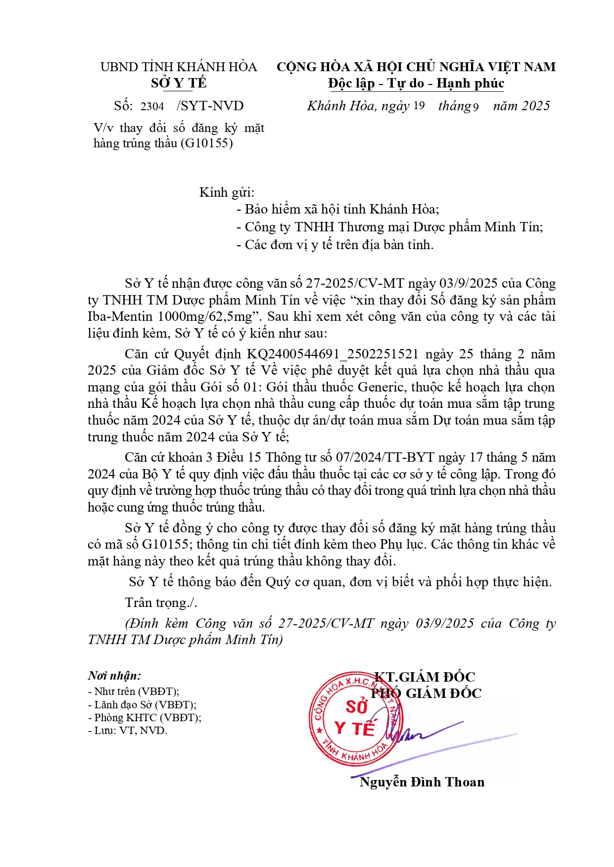 V/v thay đổi số đăng ký mặt hàng trúng thầu (G10155)